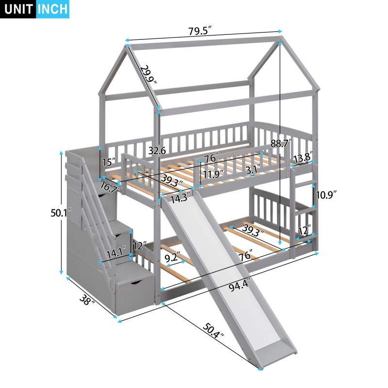 Solid wood childrens 39in bed, Twin Over Twin Floor Bunk Bed with Slide and Stair, Stairway with Storage Shelves Space-Saving