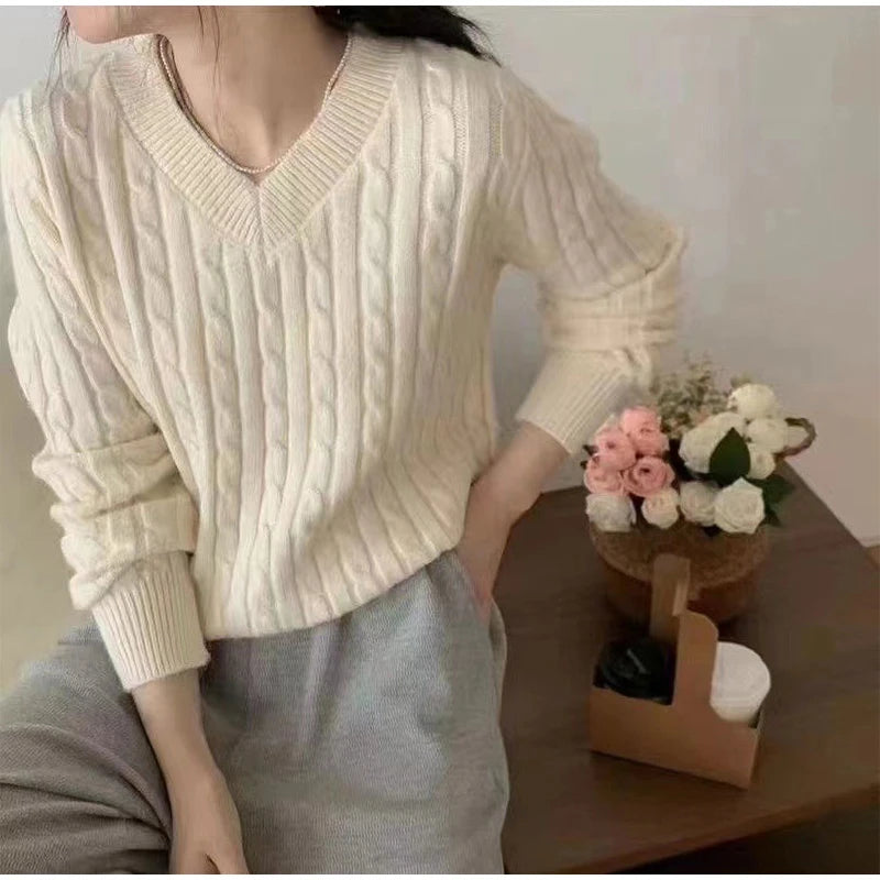 Chic Casual Cropped Pullovers Lady Sweater V-neck Slim Solid Women Jumper Fall Winter All Match Long Sleeve Twist Knitted Top