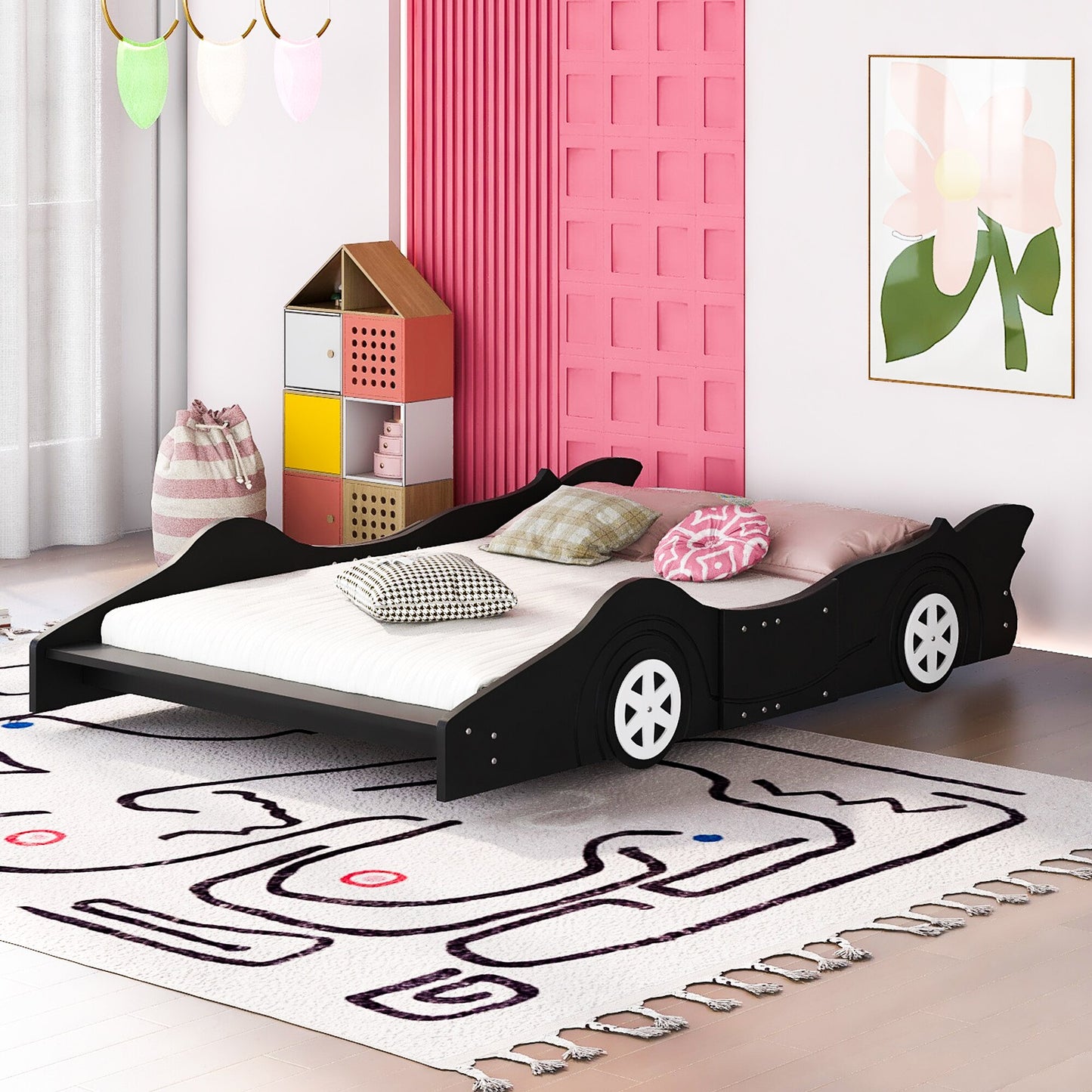 [Flash Sale]Full/Twin Size Race Car-Shaped Platform Bed with Wheels Red/Blue/Black[US-Stock]