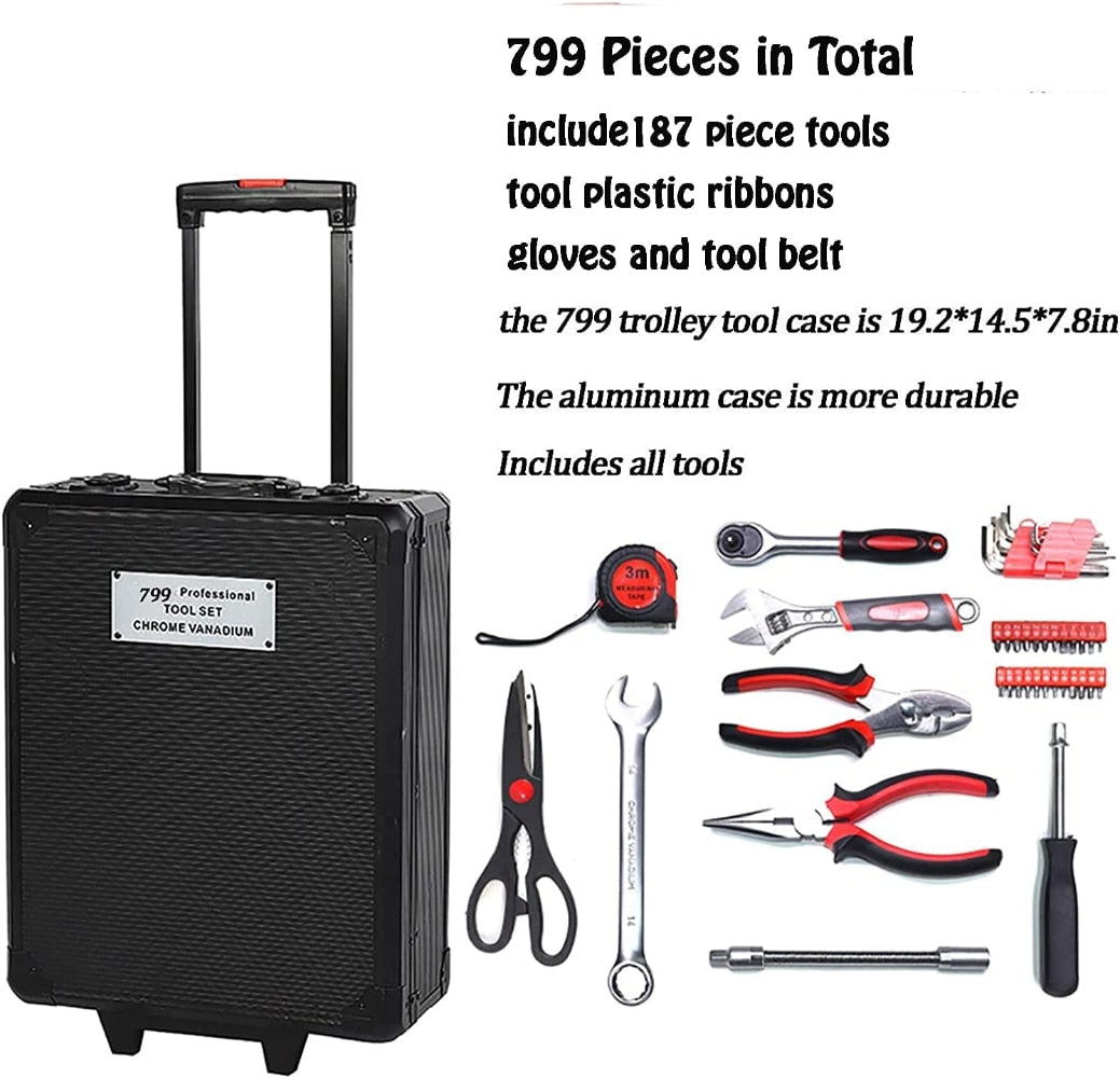 Arcwares 799pcs Aluminum Trolley Case Tool Set Silver, House Repair Kit Set, Household Hand Tool Set, with Tool Belt