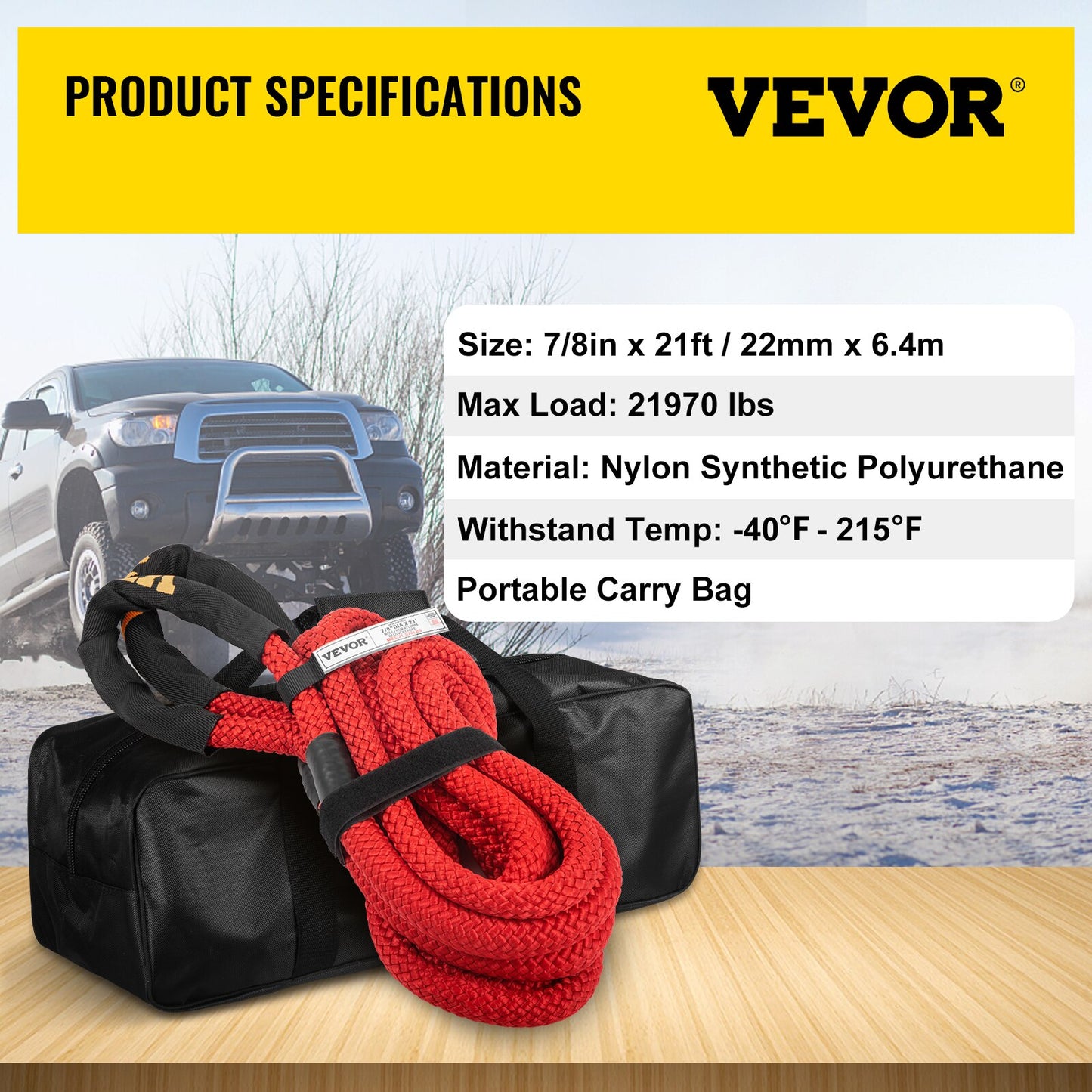 VEVOR Recovery Tow Rope Heavy Duty Nylon Double Braided Kinetic Energy Rope w/ Loops an and Protective Sleeves for Truck ATV UTV