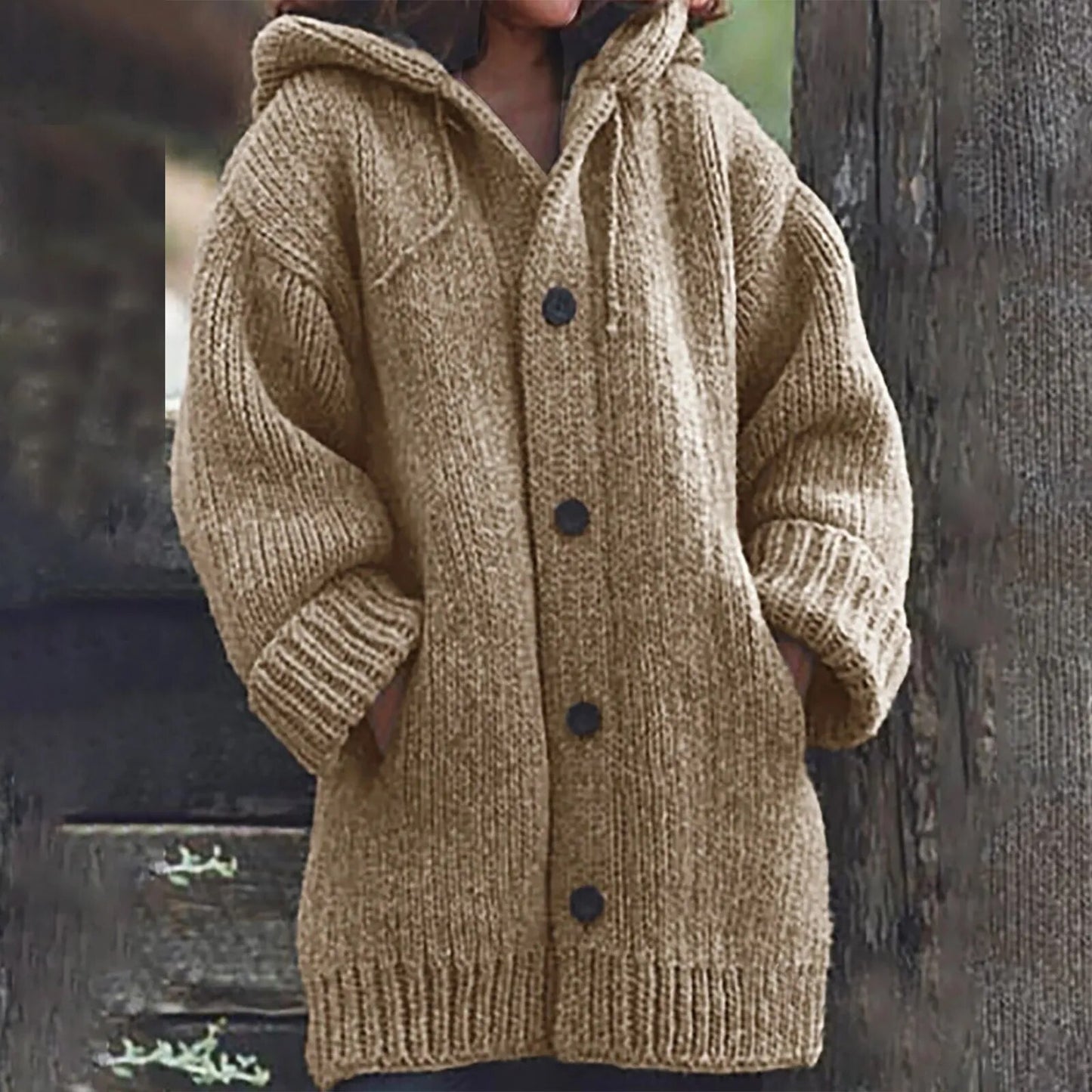 Solid color cardigan sweater for women plush and thick autumn and winter hooded and minimalist jacket Pocket Shawl