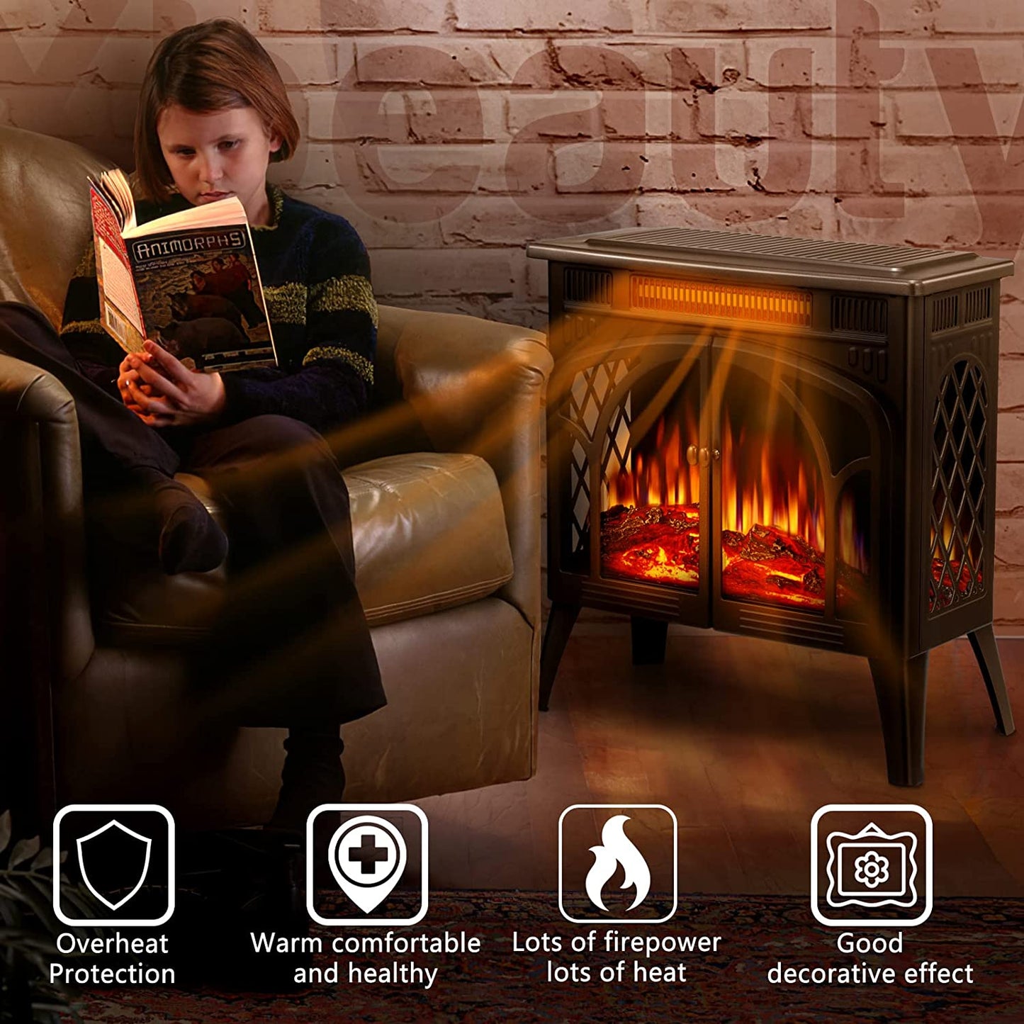 AGLUCKY Electric Fireplace Stove 3D Flame Effect Freestanding Heater Portable Electric Fireplace Heater Indoor Heater Remote