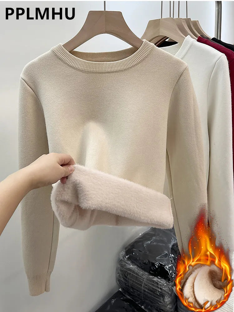 Women's O-neck Plus Velvet Thicken Sweaters Winter Slim Warm Long Sleeve Knitted Tops Casual Plush Fleece Lined Soft Pullover