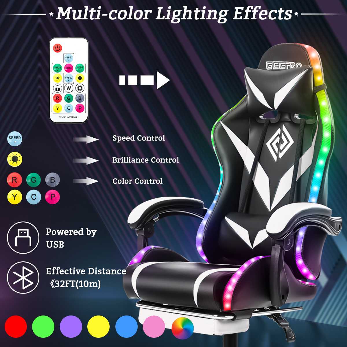 RGB Light Gaming Chair Office Chair Gamer Computer Chair Ergonomic Swivel Chair 2 Point Massage 135° Reclining with Footrest