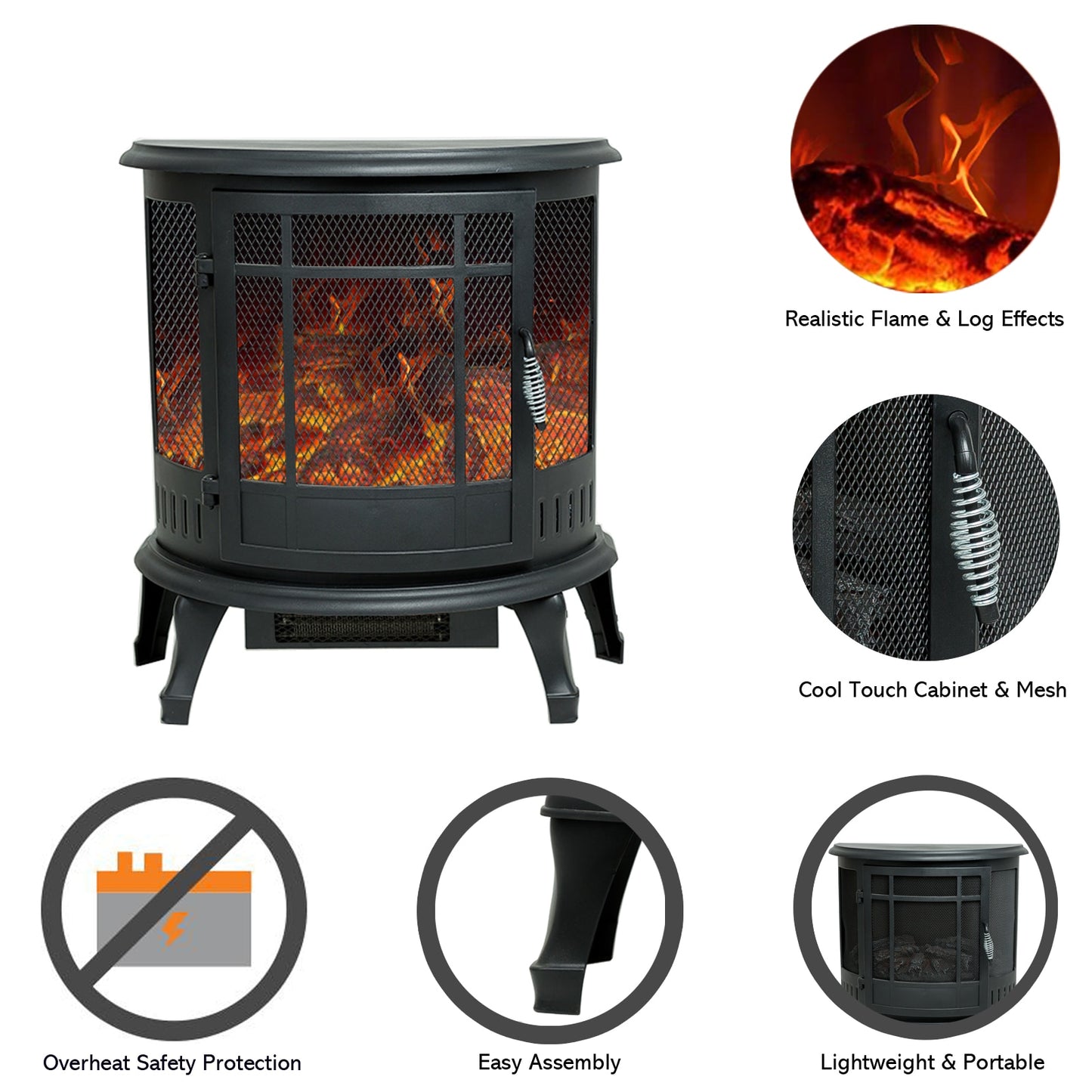 25 Inch Tall Portable Electric Wood Stove Fireplace with Flame Effect, Freestanding Indoor Space Heater with Remote