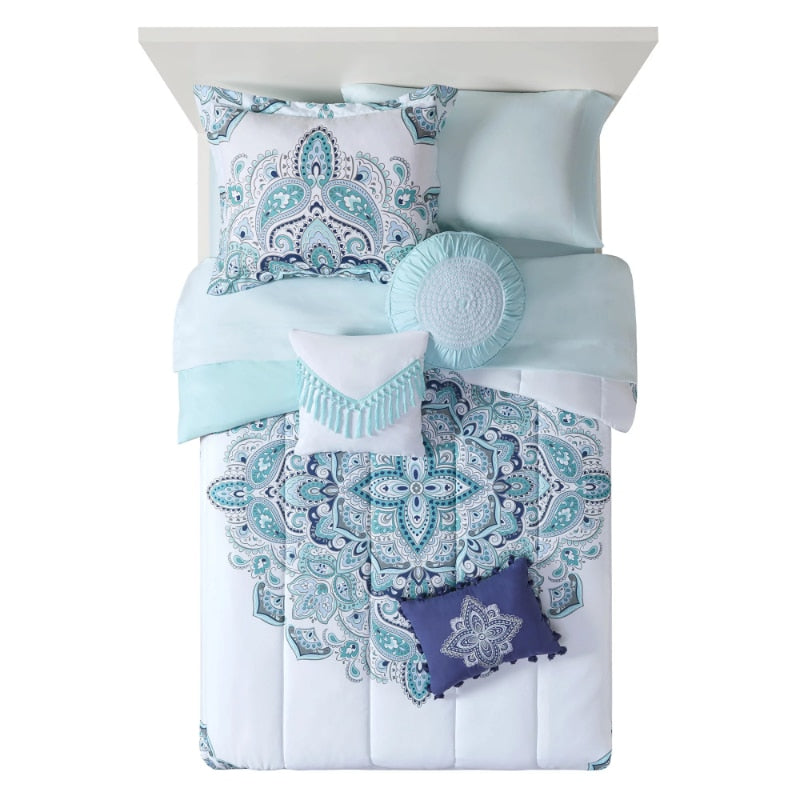 Mainstays Teal Medallion 10 Piece Bed in a Bag Comforter Bedding Set with Sheets