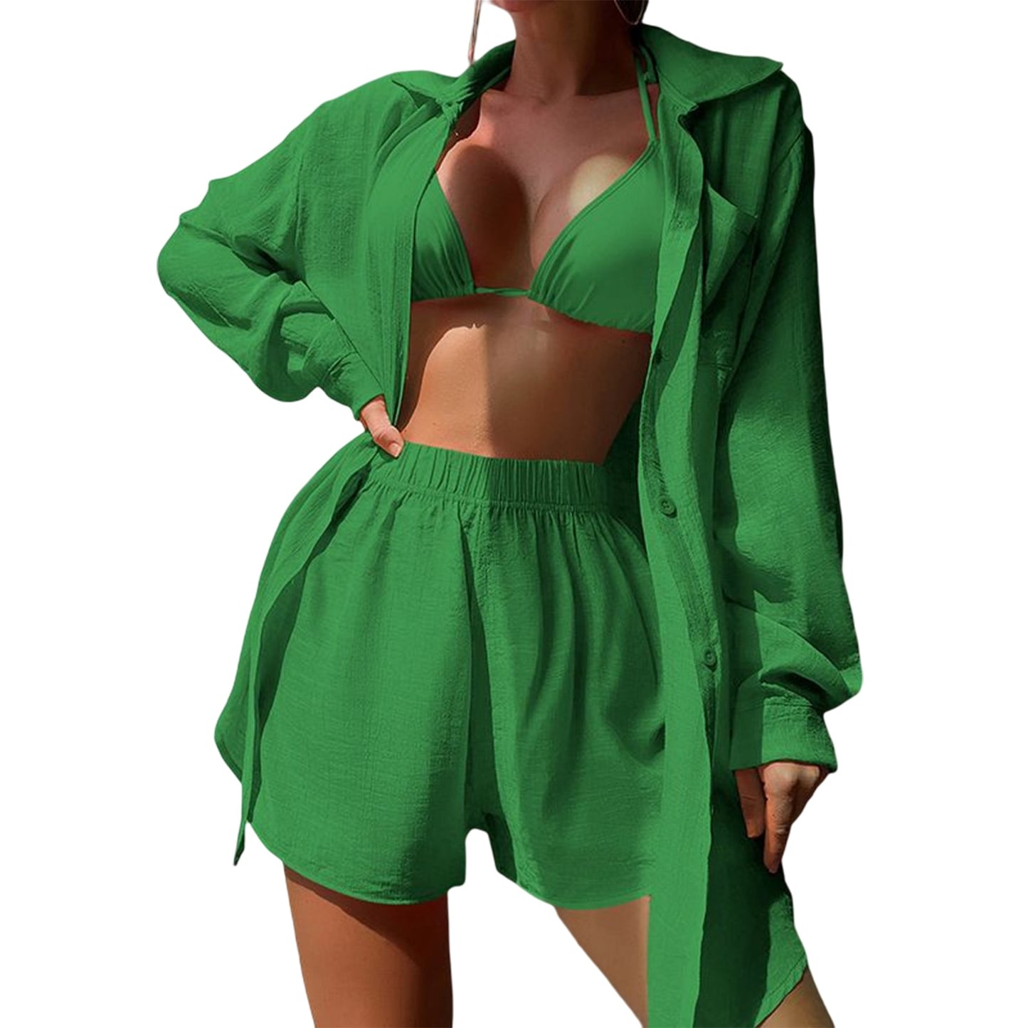 Fashion Long Sleeve Lapel Button Shirt and Shorts Sets Women Casual Solid 2 Piece Loose Beach Swimsuit Sun Protection Suits