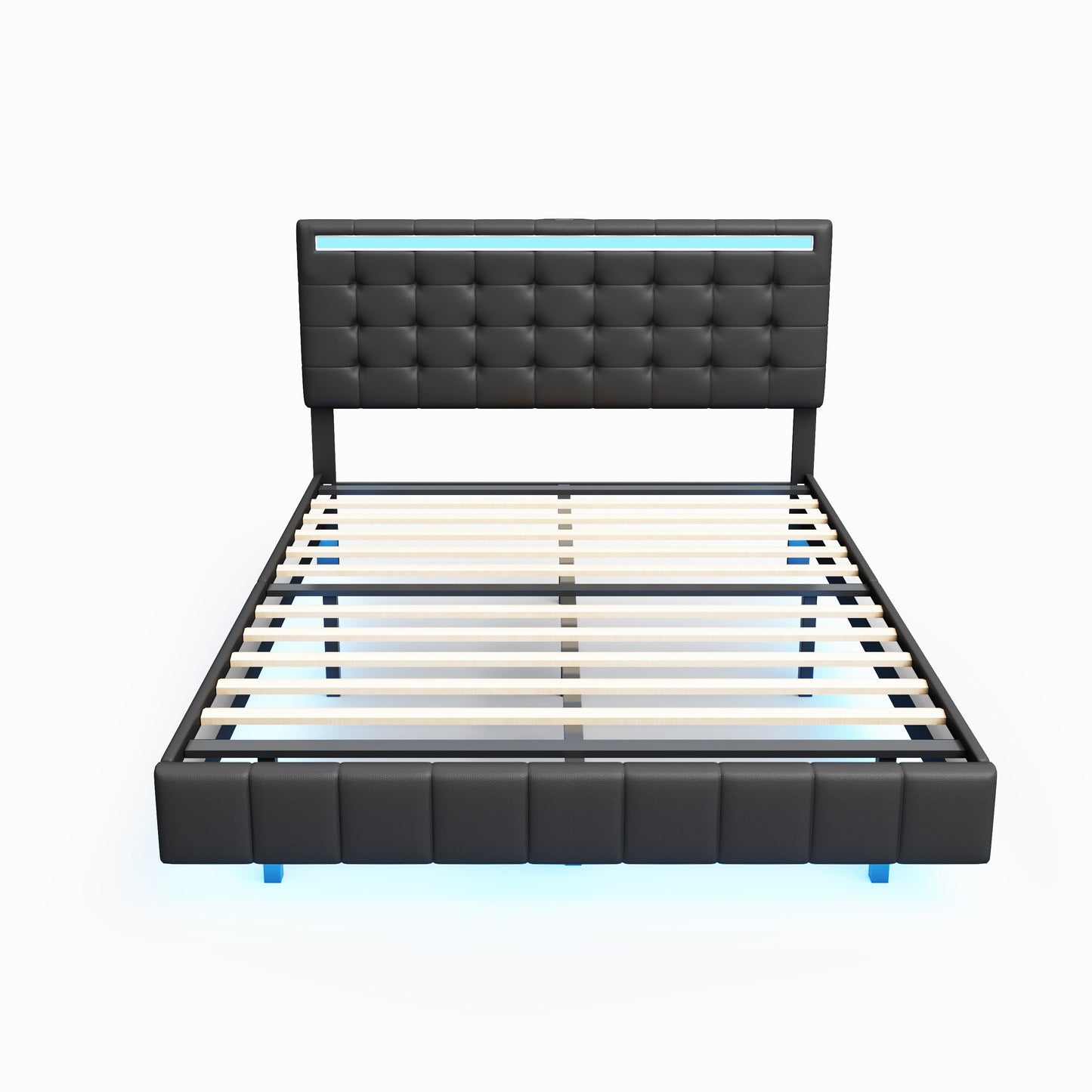 Queen Size Floating PU/Linen Bed Frame W/LED Lights&USB Charging Modern Upholstered Platform Bed Black/White