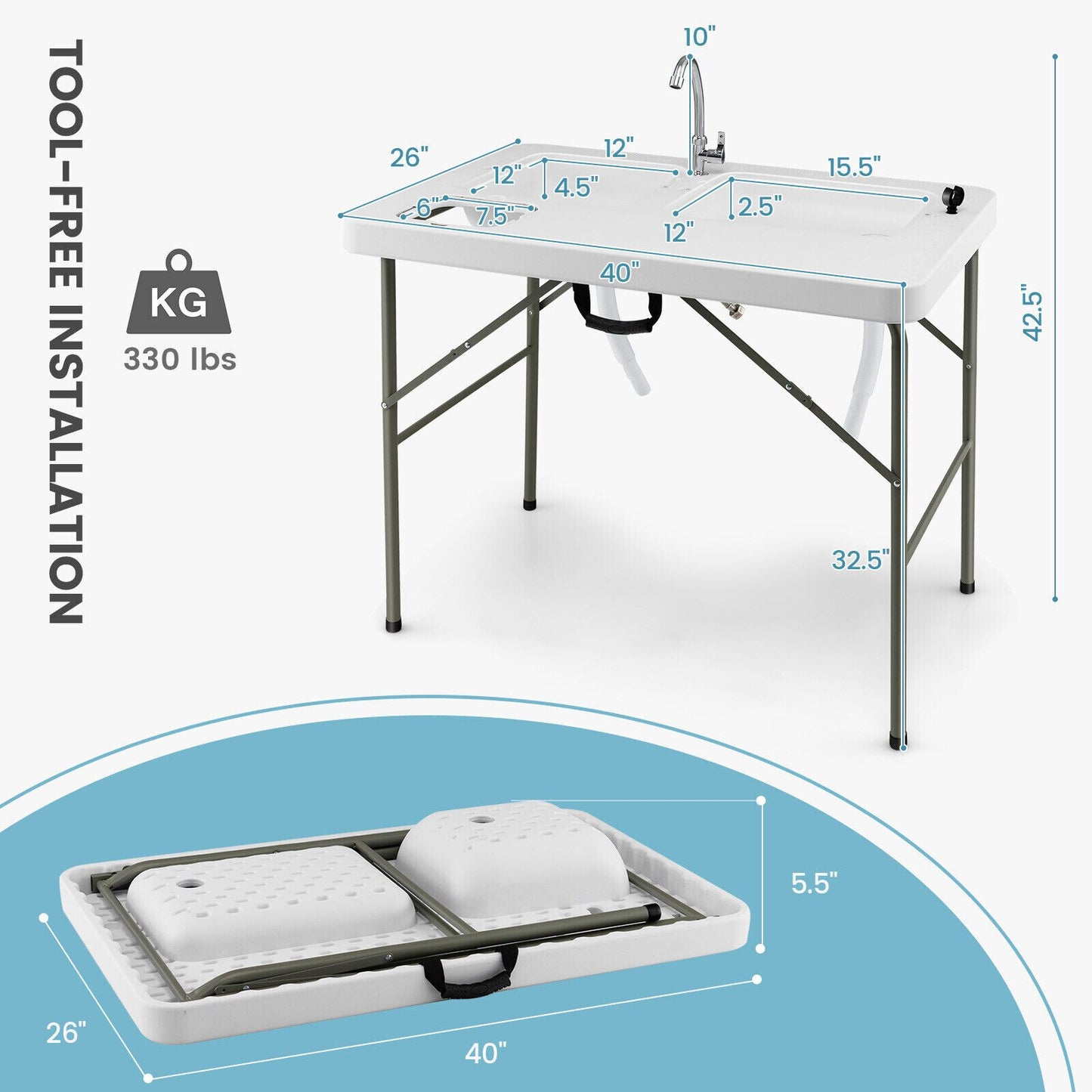 Costway Folding Fish Cleaning Table w/2 Built-in Sinks & 360°Rotatable Faucet