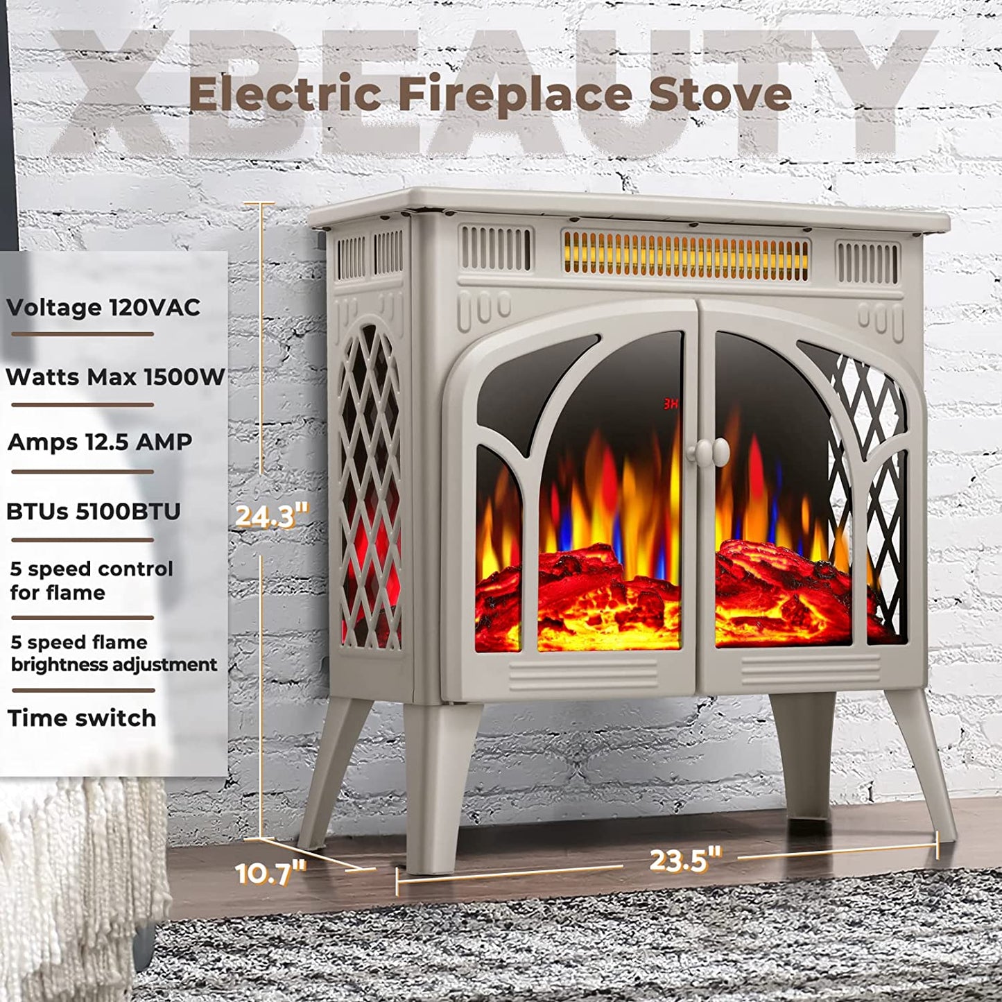 AGLUCKY Electric Fireplace Stove 3D Flame Effect Freestanding Heater Portable Electric Fireplace Heater Indoor Heater Remote