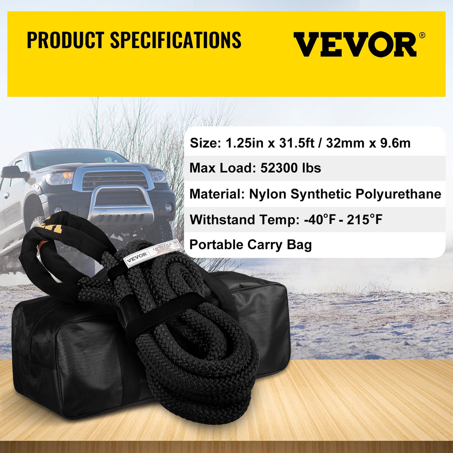 VEVOR Recovery Tow Rope Heavy Duty Nylon Double Braided Kinetic Energy Rope w/ Loops an and Protective Sleeves for Truck ATV UTV