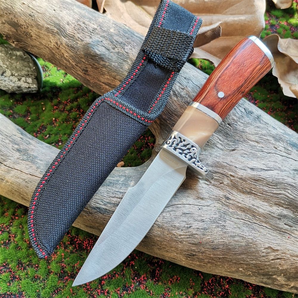 Straight Knife - Tactical Survival Hunting Self-defense Outdoor Knife with 8CR13MOV Steel Blade and Comfortable wooden Grip