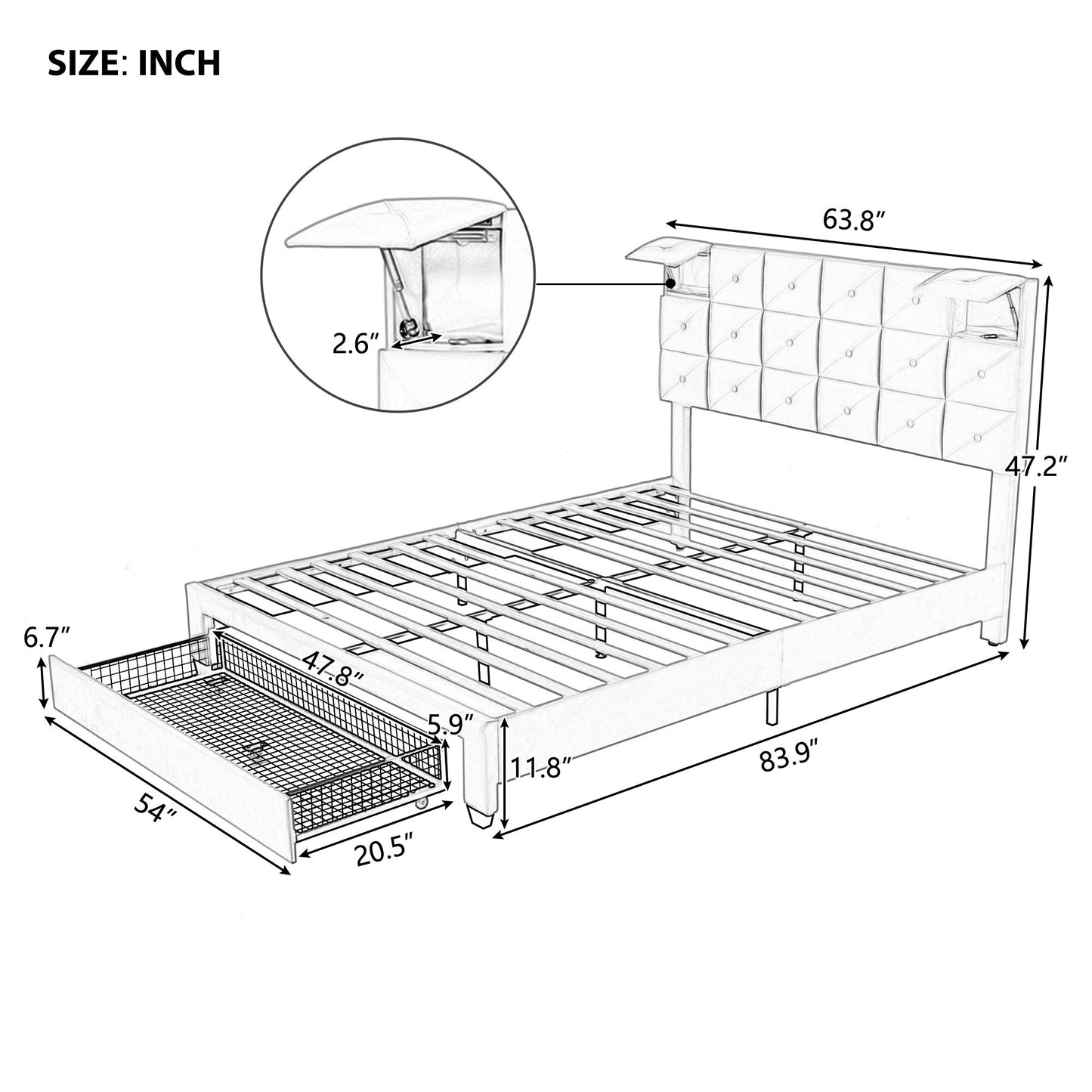 Queen PU Platform Bed Upholstered Storage Bed with 2 Wireless Charger&Motion Activated Night Light&1 Big Drawer Black/White/Gray