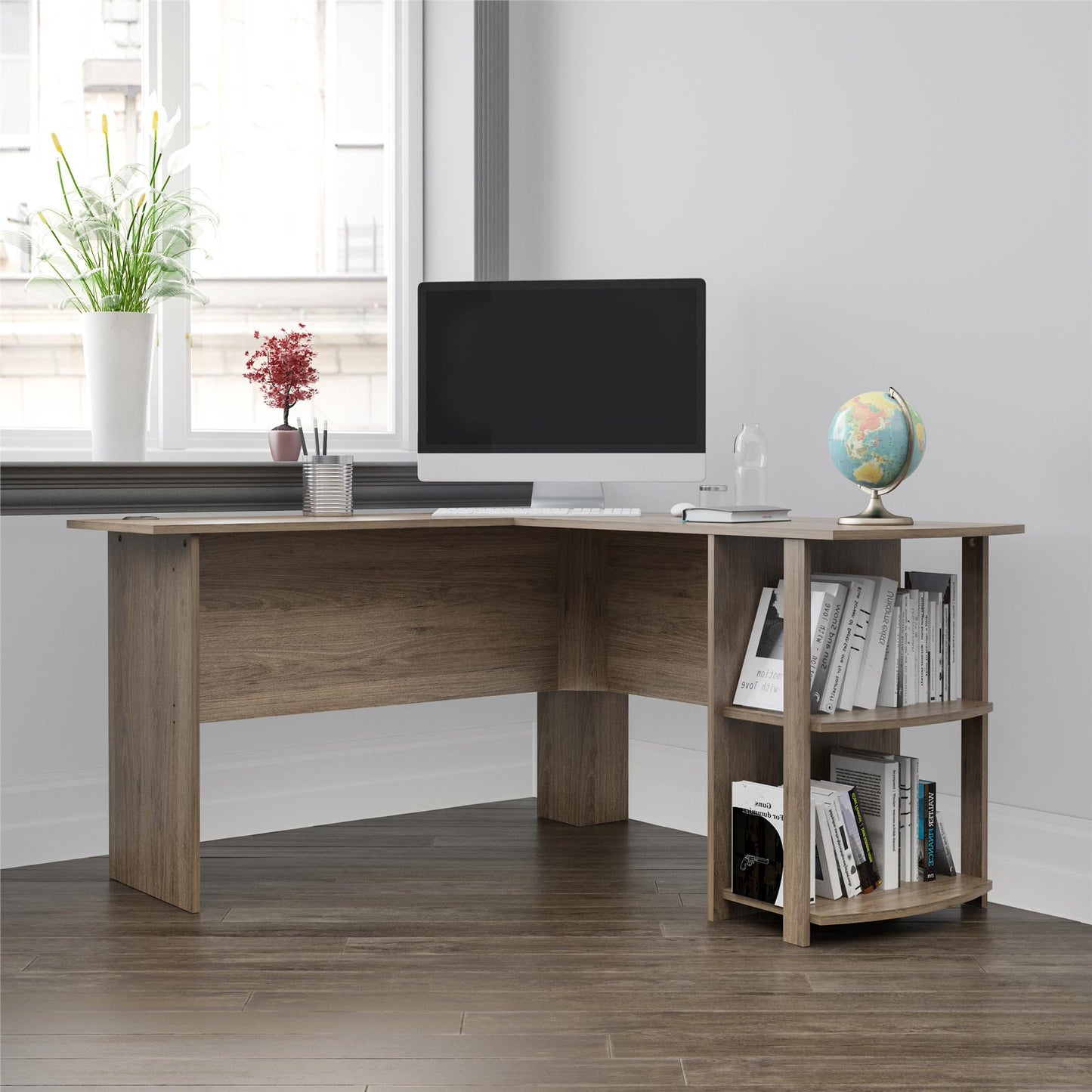 Ameriwood Home Dominic L Desk with Bookshelves New Computer Desk Student Bedroom Table