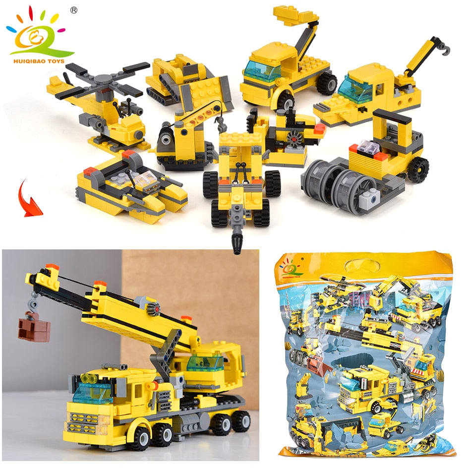 HUIQIBAO TOYS 693pcs 8in1 Engineering Truck Building Blocks Crane Bulldozer Car City Construction Bricks Set For Children Kids