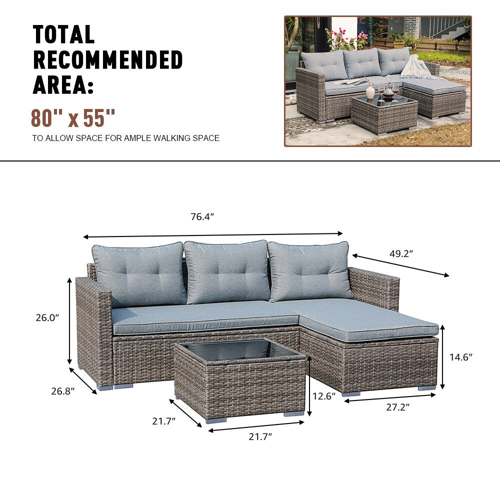 JARDINA 3PCS Outdoor Patio Furniture Sofa Set All-Weather Wicker Rattan with Cushions Tempered Glass Coffee Table