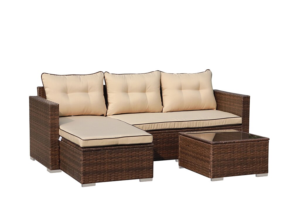 JARDINA 3PCS Outdoor Patio Furniture Sofa Set All-Weather Wicker Rattan with Cushions Tempered Glass Coffee Table