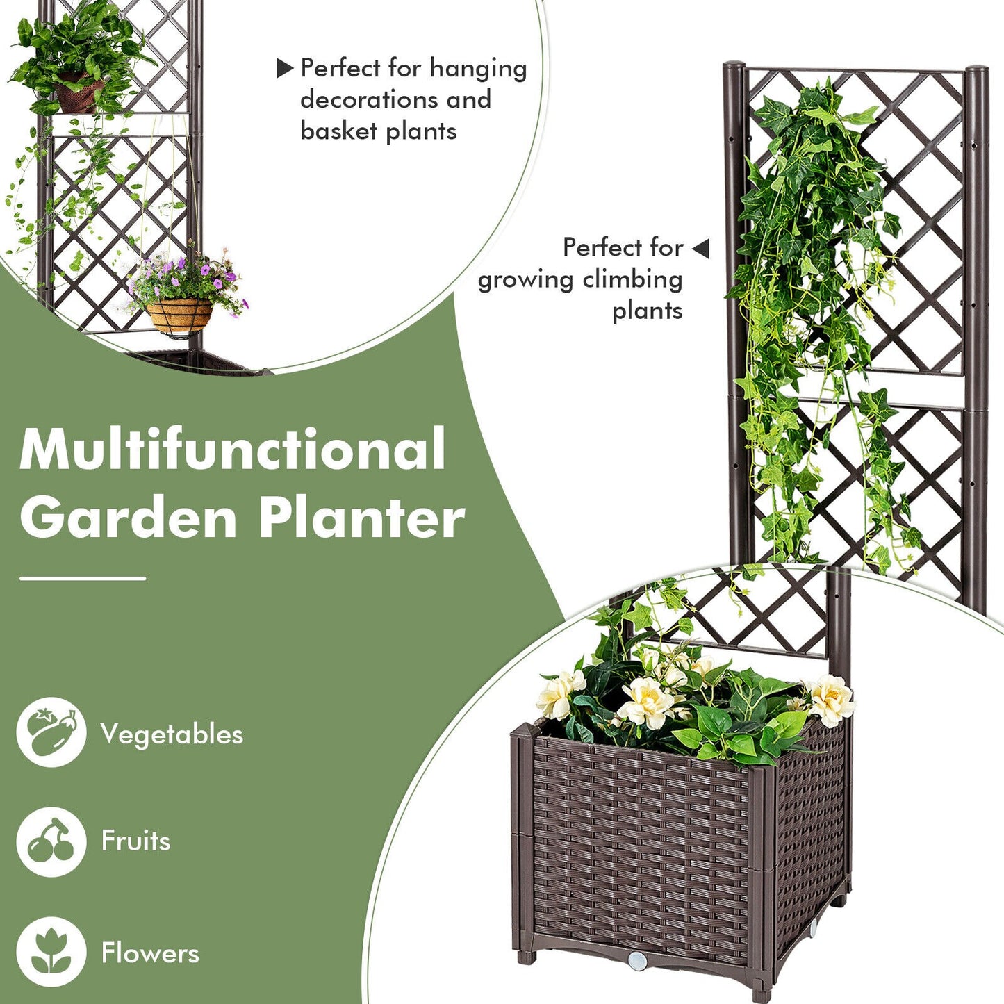 Patiojoy Raised Garden Bed w/Trellis Planter Box for Climbing Plants 16 x 16x 53