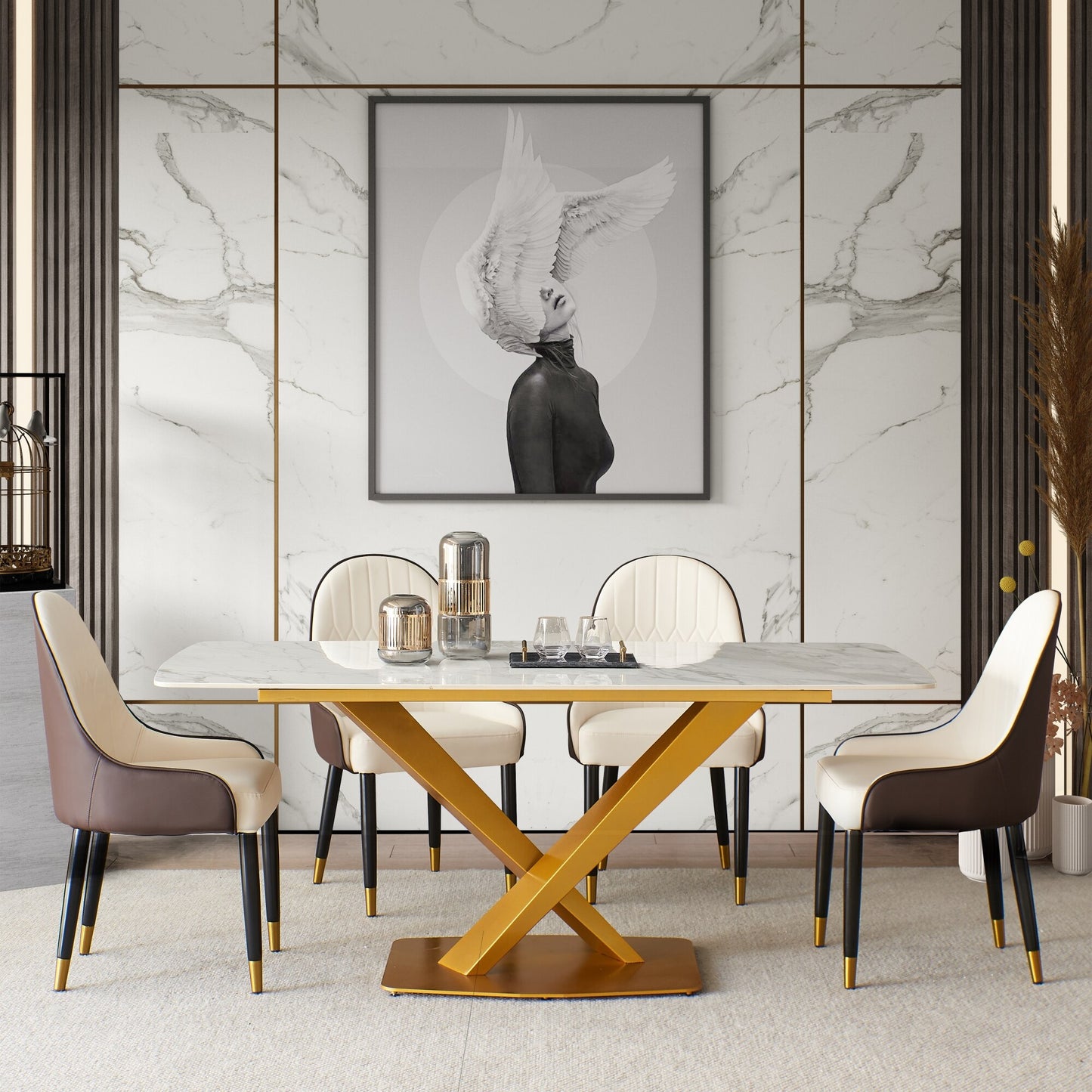 Sintered Stone Dinning Table Chair Set 1 White Color Modern Table Gold Carbon Steel Base 6pcs Luxury Premium Chairs