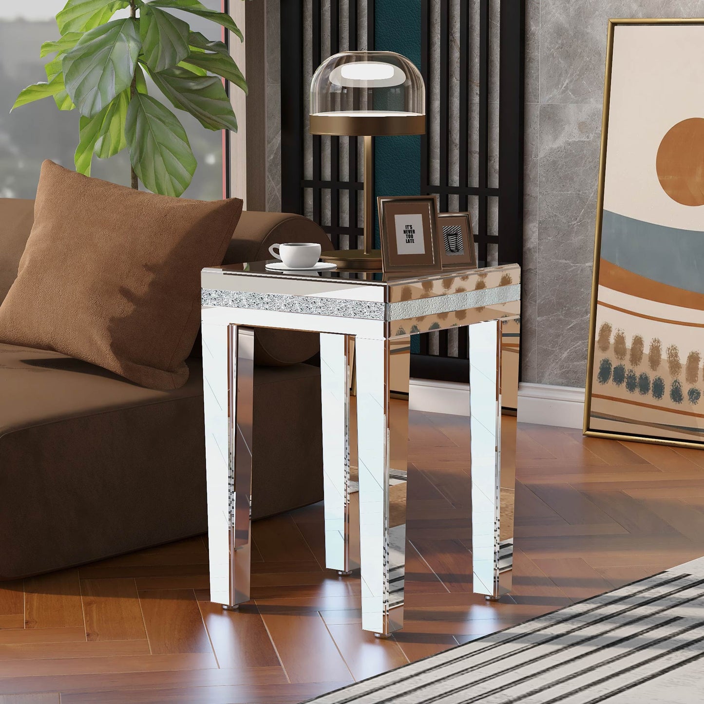 Fashionable Modern Glass Mirrored Side Table End Table with Crystal Design & Adjustable Height Legs Silver Easy Assembly