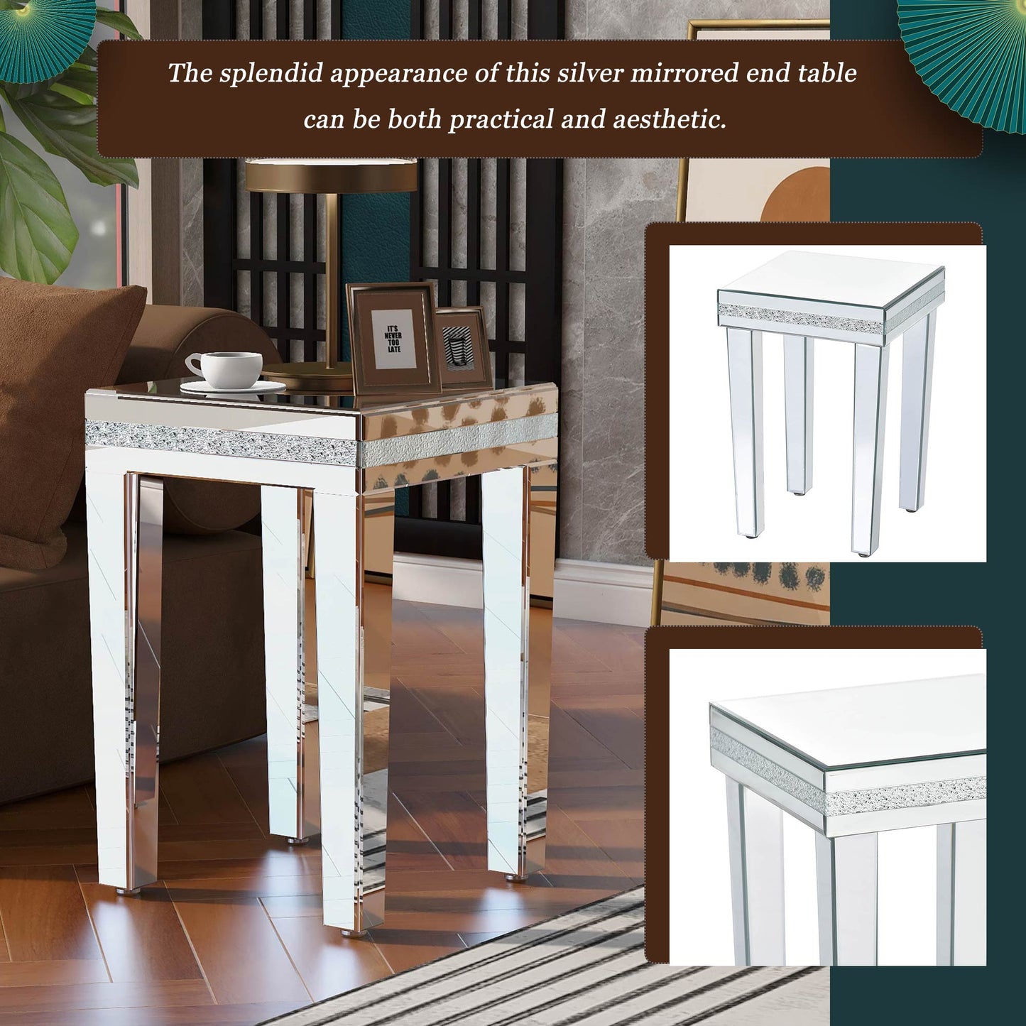 Fashionable Modern Glass Mirrored Side Table End Table with Crystal Design & Adjustable Height Legs Silver Easy Assembly