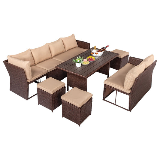 8Pcs Outdoor Patio Set Dining Table Chair Sofa Stool Brown Wood Grain Rattan Khaki Cushion Plastic Wood Surface