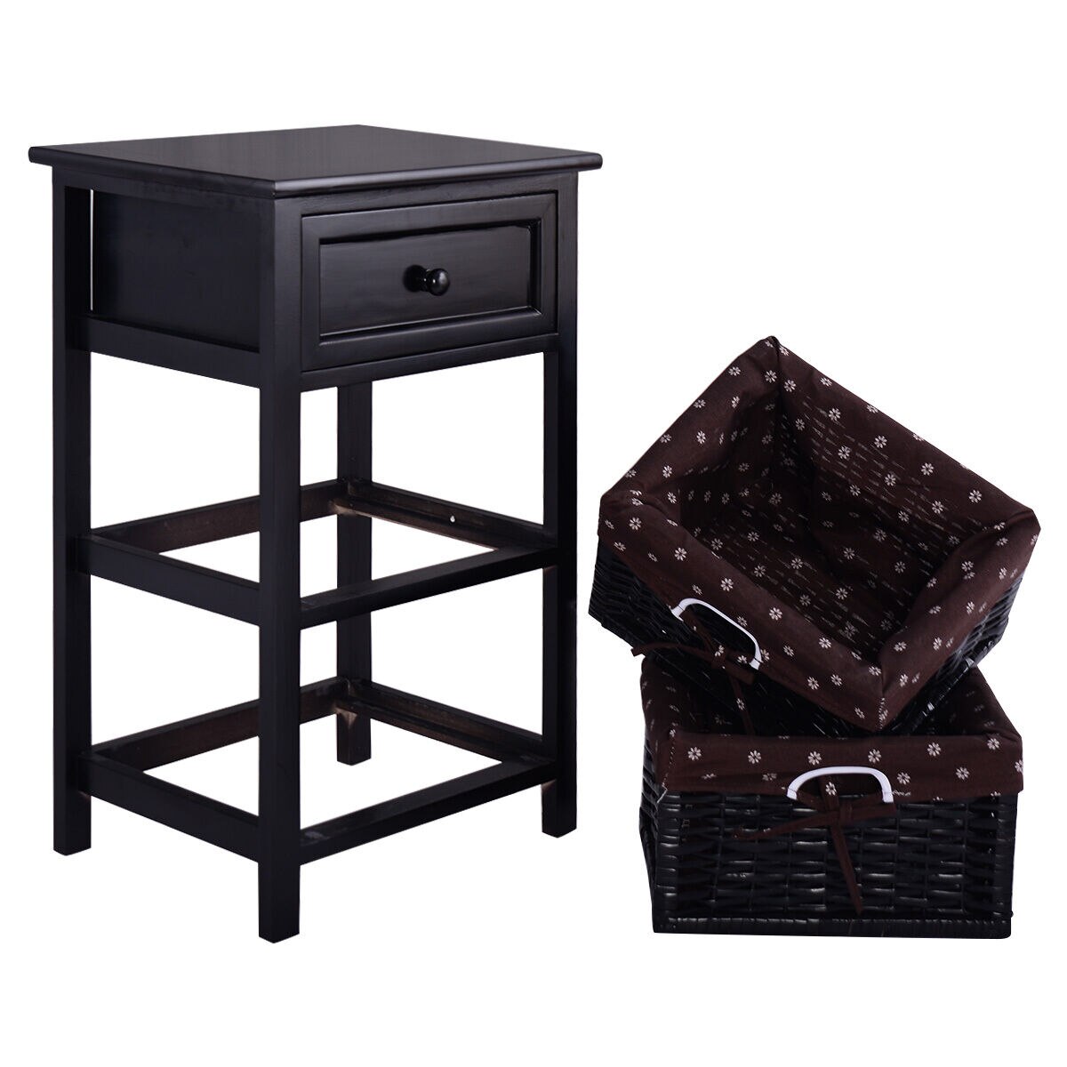 Costway Black Night Stand 3 Tiers 1 Drawer Bedside End Table Organizer Wood W/2 Baskets