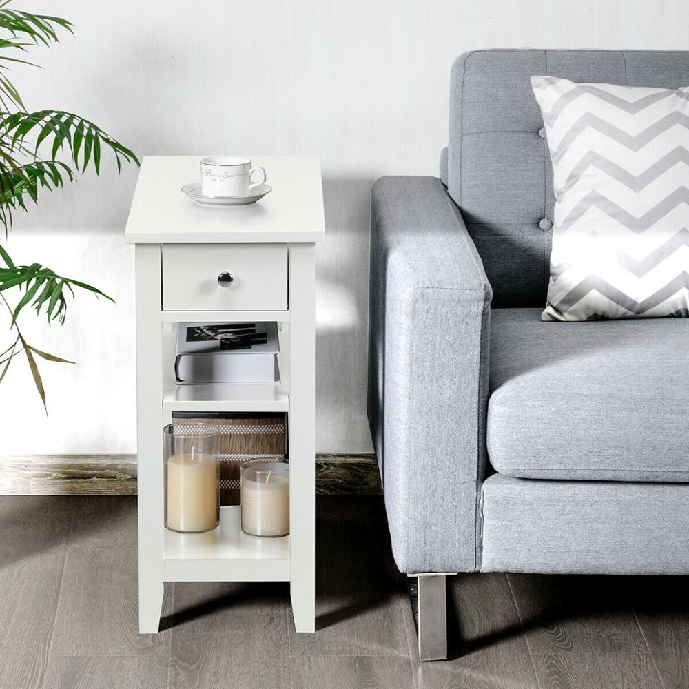 Set of 2 3Tier Nightstand Bedside Side End Table w/Double Shelves Drawer White