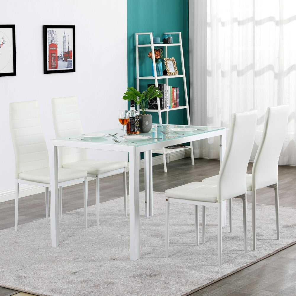 5 Piece Dining Table Set  Kitchen Room Breakfast Furniture  Glass Table and 4 Leather Chair for Kitchen Dining White