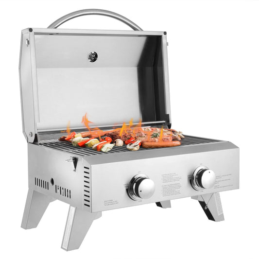 Tabletop Stainless Steel 2-Burner Gas Grill Portable 2000 BTU BBQ Grid with Foldable Legs for Outdoor Camping Picnic