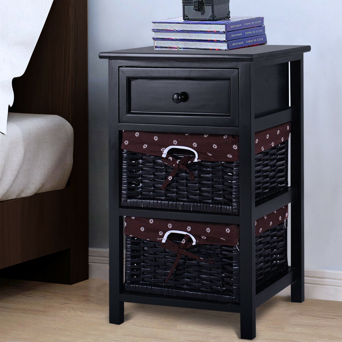 Costway Black Night Stand 3 Tiers 1 Drawer Bedside End Table Organizer Wood W/2 Baskets