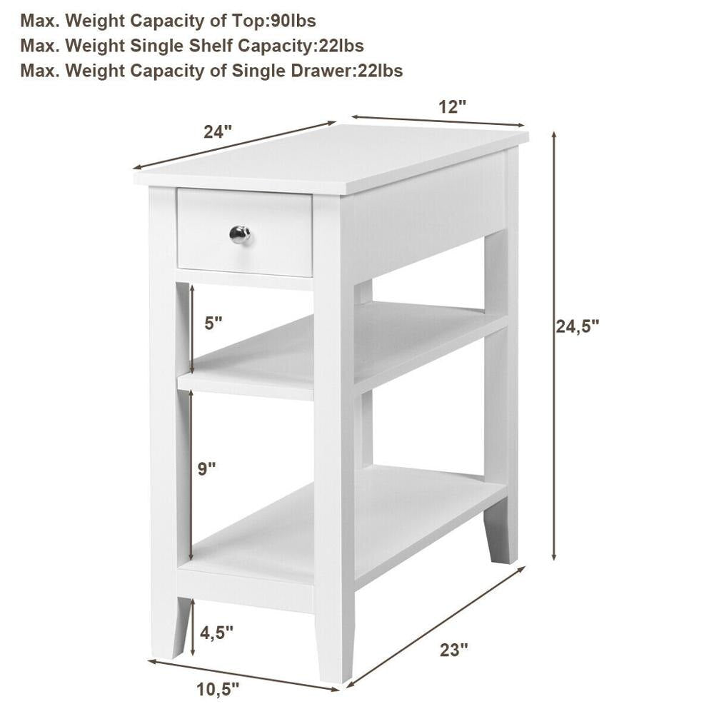 Set of 2 3Tier Nightstand Bedside Side End Table w/Double Shelves Drawer White