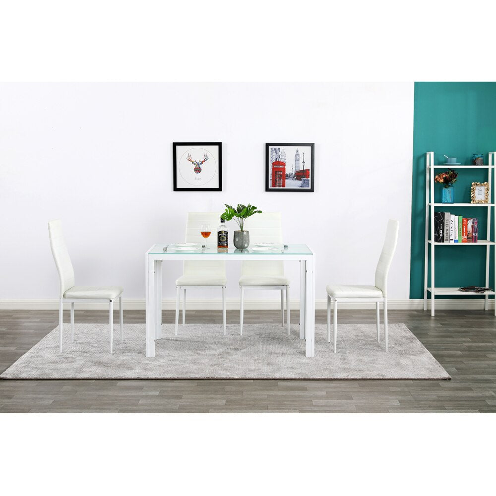 5 Piece Dining Table Set  Kitchen Room Breakfast Furniture  Glass Table and 4 Leather Chair for Kitchen Dining White