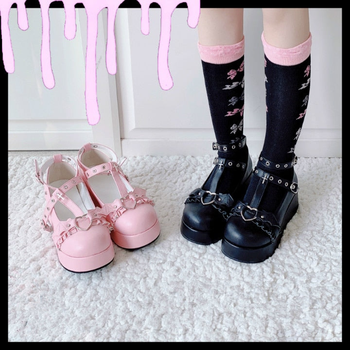 Women&s Gothic Punk Lolita Shoes Halloween Cosplay Bat Devil Platform Wedge T-strap Shoes