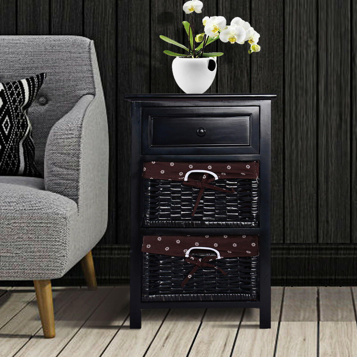 Costway Black Night Stand 3 Tiers 1 Drawer Bedside End Table Organizer Wood W/2 Baskets