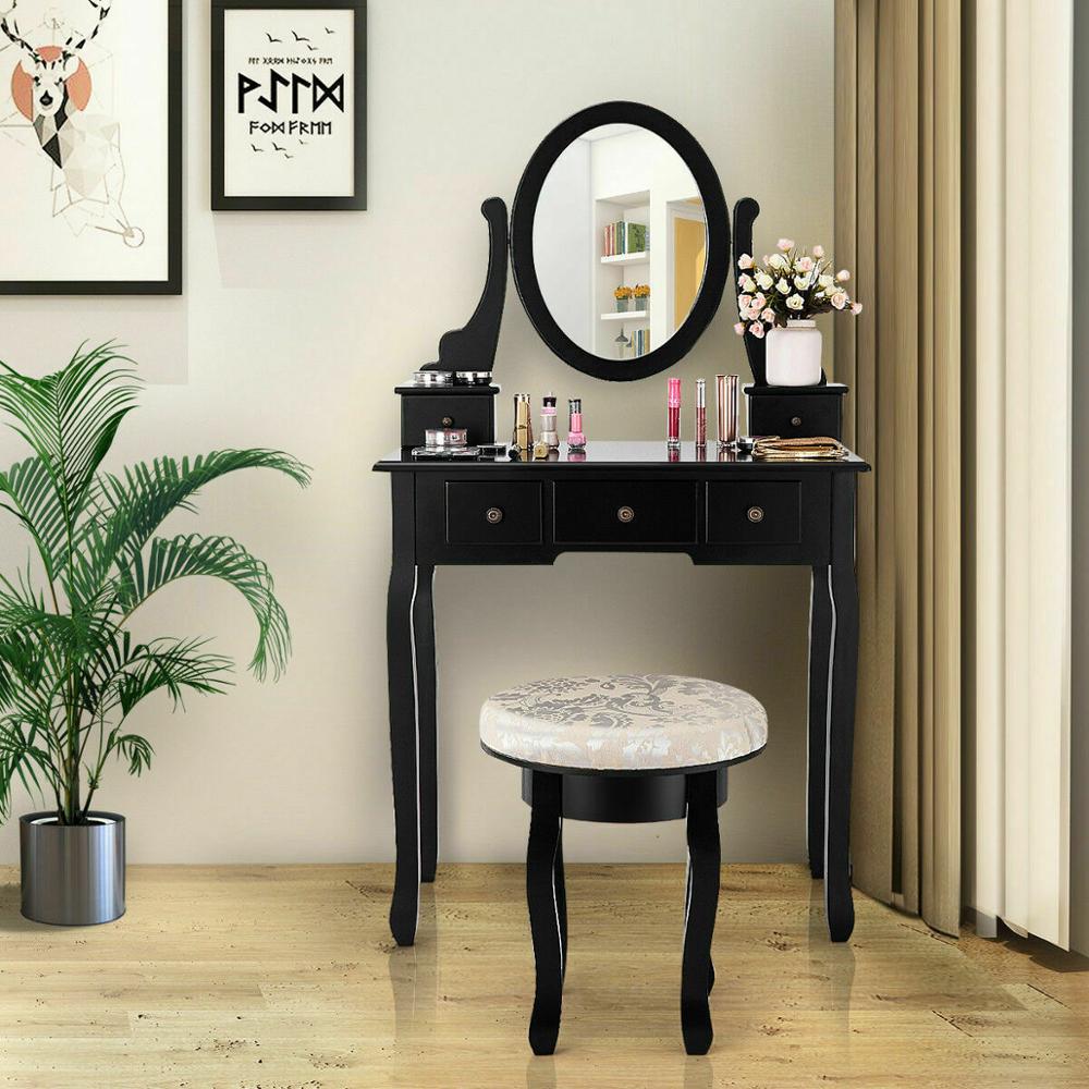 Vanity Set Modern Bedroom Makeup Mirror Dressing Table Cushioned Stool with 5 Drawers