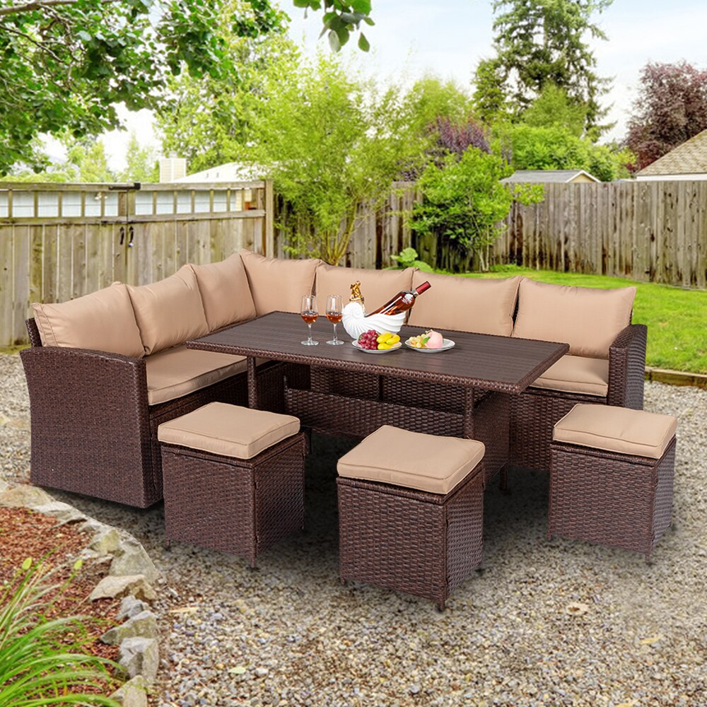 8Pcs Outdoor Patio Set Dining Table Chair Sofa Stool Brown Wood Grain Rattan Khaki Cushion Plastic Wood Surface