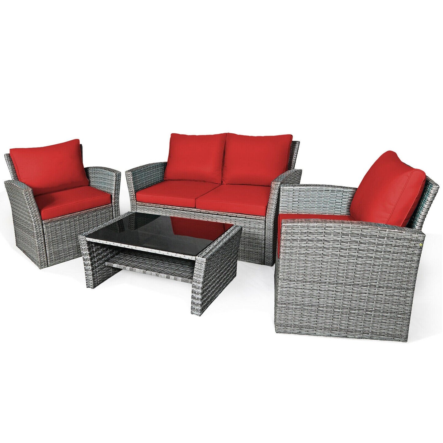 4PCS Patio Rattan Furniture Set Sofa Table W/Storage Shelf Turquoise/Red/Gray