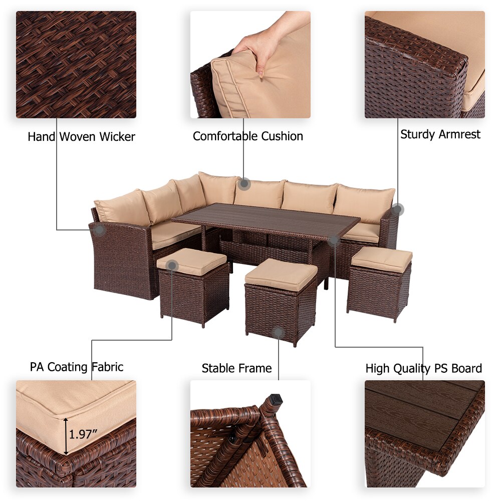 8Pcs Outdoor Patio Set Dining Table Chair Sofa Stool Brown Wood Grain Rattan Khaki Cushion Plastic Wood Surface