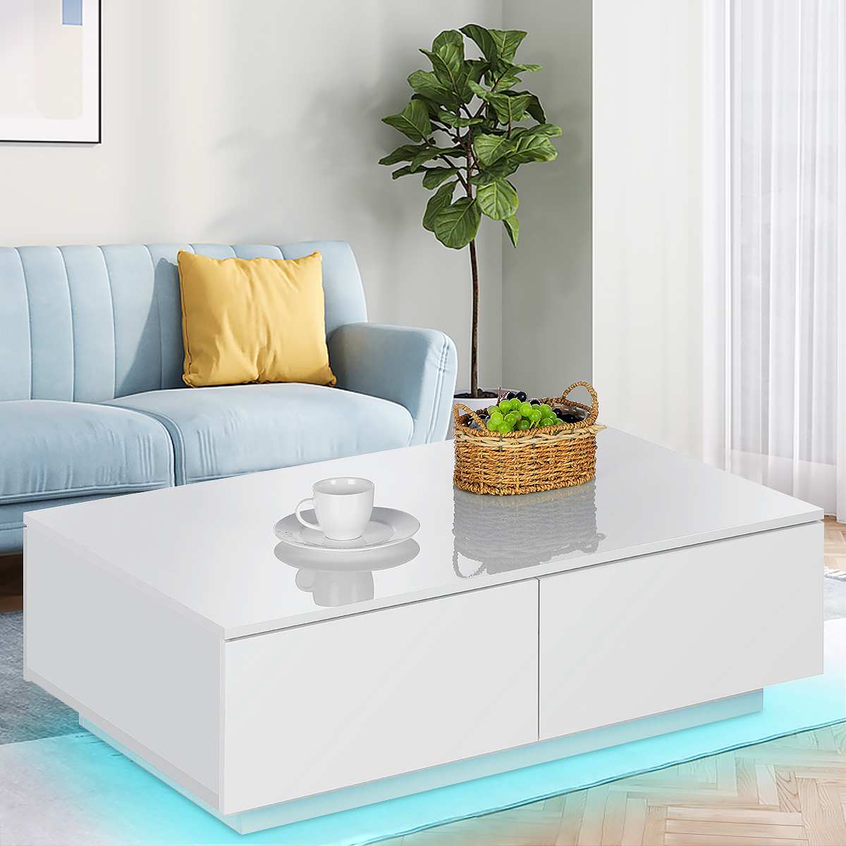 RGB LED Tea Table End Table For Home Office Coffee Table Wooden 4 Drawers Magazine Shelf Sofa Side Table