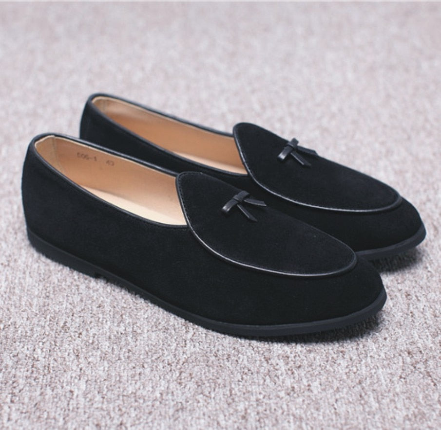 Mens Leather Loafers Black Suede Slippers Belgian Dress Shoes Casual Men Loafers