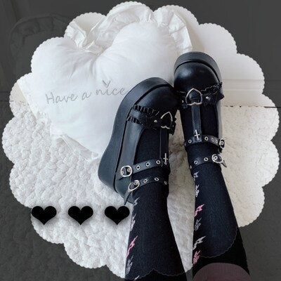 Women&s Gothic Punk Lolita Shoes Halloween Cosplay Bat Devil Platform Wedge T-strap Shoes