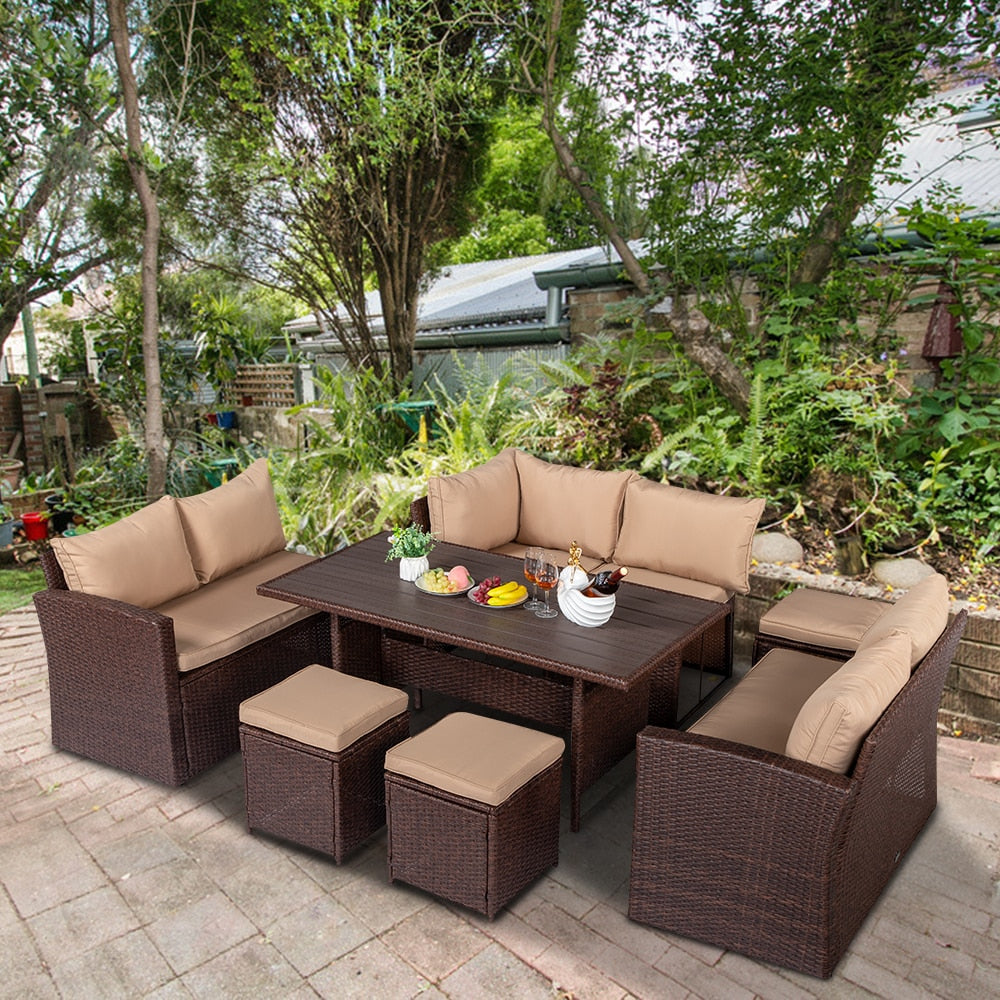 8Pcs Outdoor Patio Set Dining Table Chair Sofa Stool Brown Wood Grain Rattan Khaki Cushion Plastic Wood Surface