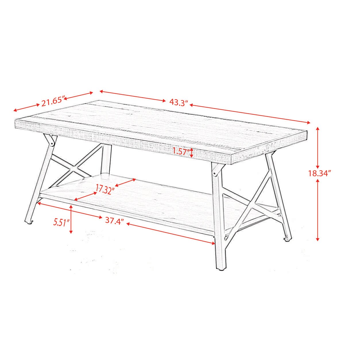 Coffee Tea Table Metal Legs Rustic Industrial Solid Pine Wood Steel with Open Shelf for Living Room Easy Assembly Natural