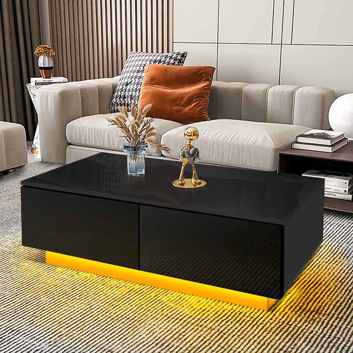 RGB LED Tea Table End Table For Home Office Coffee Table Wooden 4 Drawers Magazine Shelf Sofa Side Table