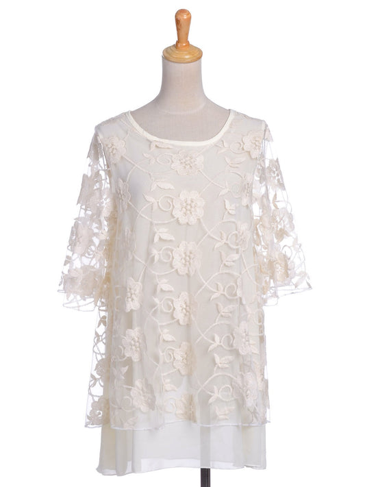 Summer Women Lace Floral Embroidery Blouses Shirt Ladies tops Sexy Mesh Blouses Transparent Elegant See-through