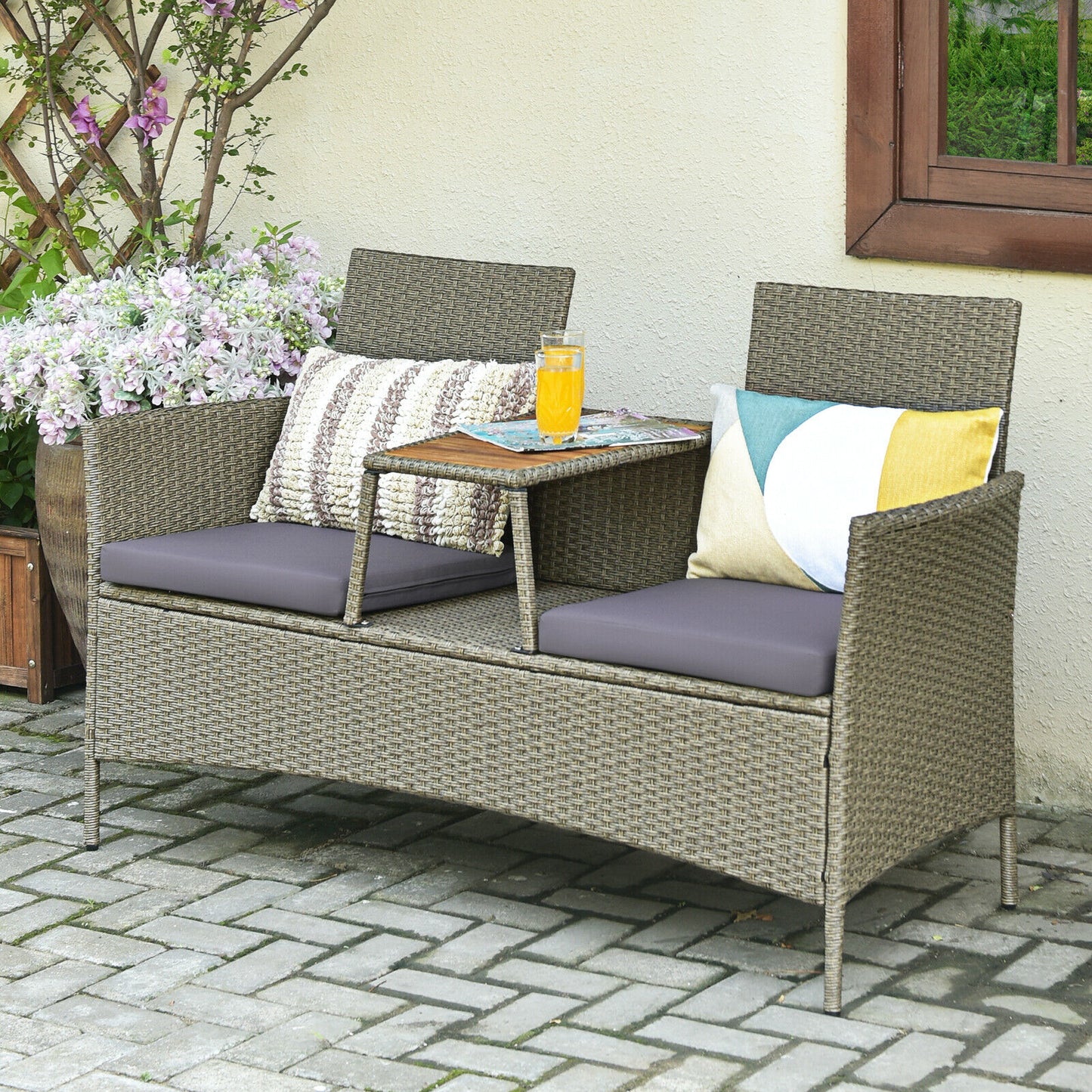 2-Person Patio Rattan Conversation Furniture Set Loveseat Coffee Table