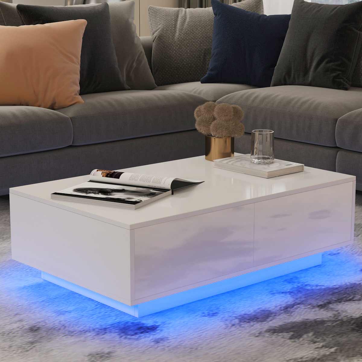 RGB LED Tea Table End Table For Home Office Coffee Table Wooden 4 Drawers Magazine Shelf Sofa Side Table