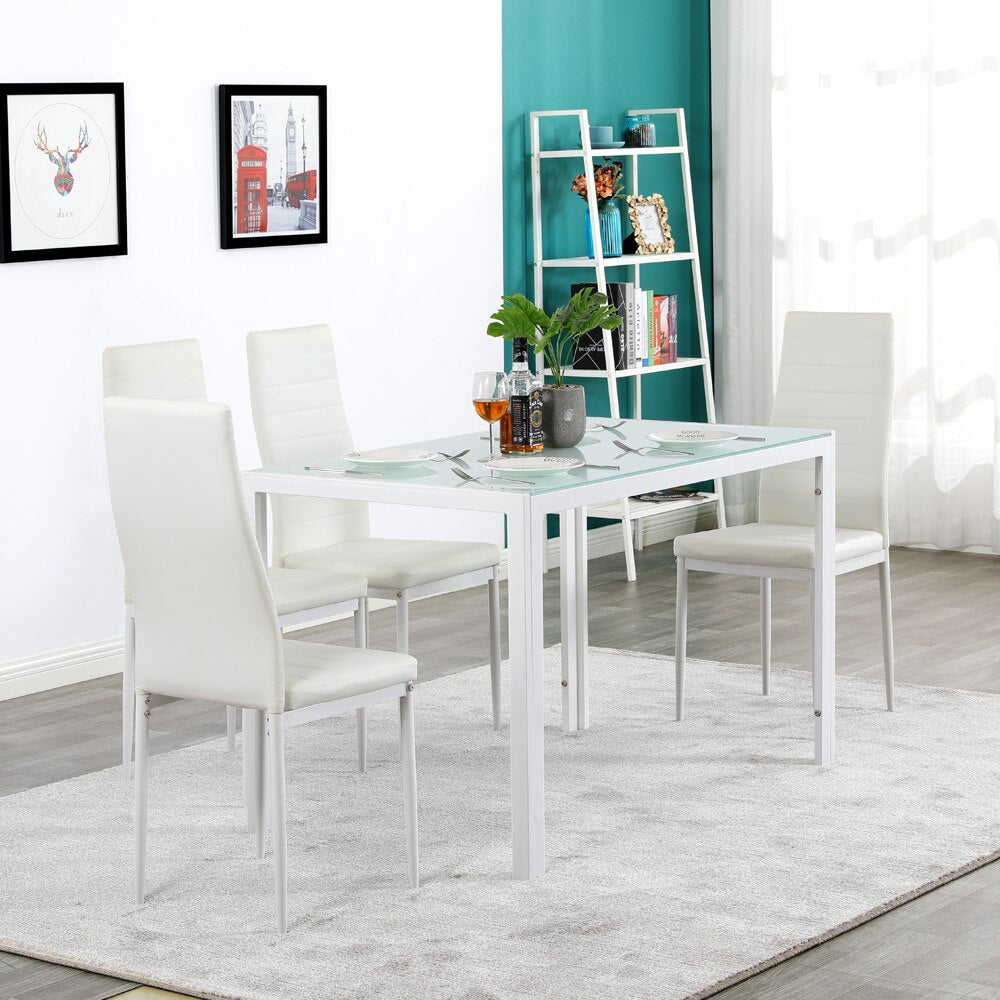 5 Piece Dining Table Set  Kitchen Room Breakfast Furniture  Glass Table and 4 Leather Chair for Kitchen Dining White